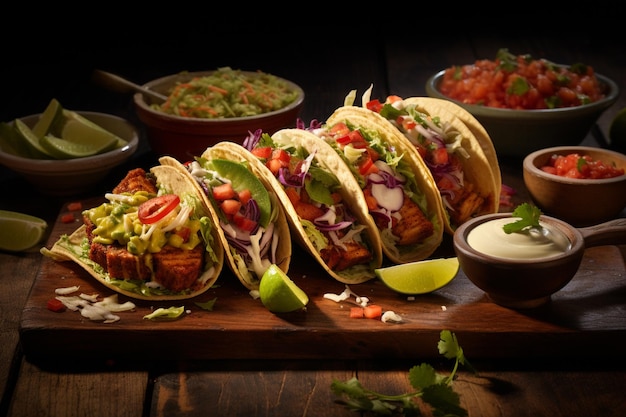 Traditional mexican tacos with meat and vegetables on wooden table