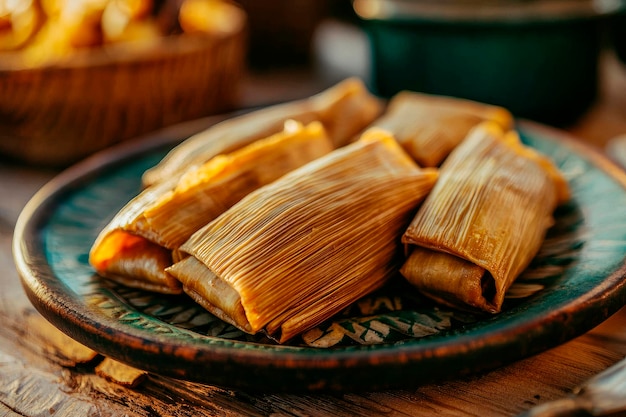 Photo traditional mexican tamale wrapped in banana leaf on wooden table