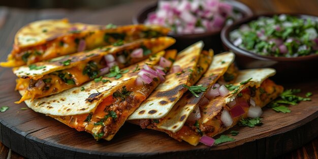 Photo traditional mexicans quesadillas with sliced ham also on wooden background