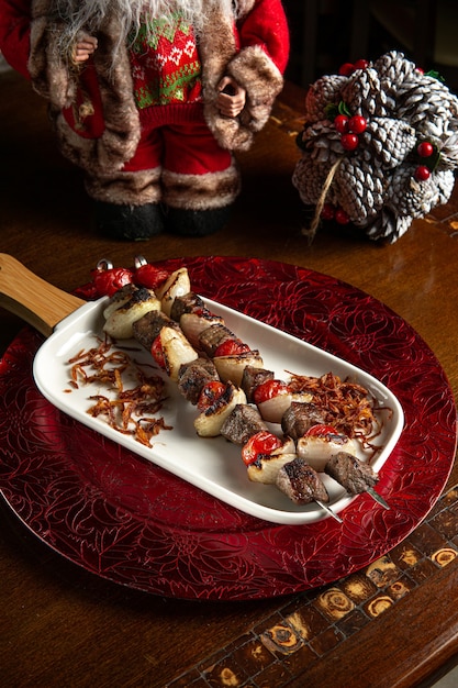 Traditional Middle Eastern food. Lebanese food. Arabian lamb barbecue. Christmas decoration