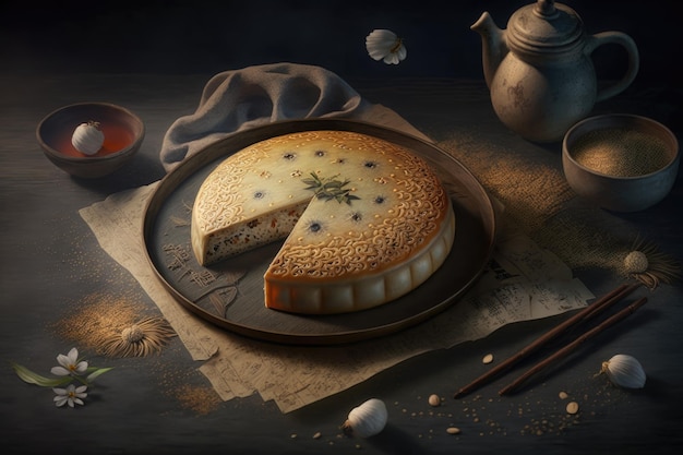 Traditional moon and mao shu cake with sesame on table created with generative ai