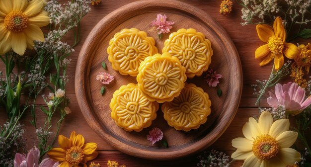 Photo traditional mooncakes arranged on a wooden plate surrounded by flowers in soft lighting