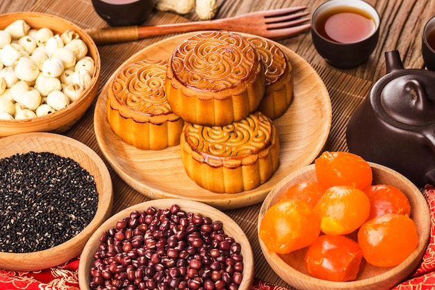 Traditional mooncakes on table setting with teacup.