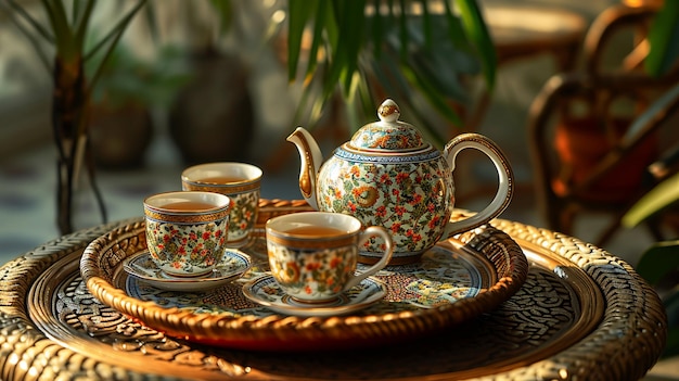 Traditional Moroccan tea set with decorative teapot