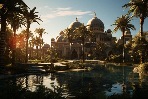 Traditional Mosque Amidst Palm Trees