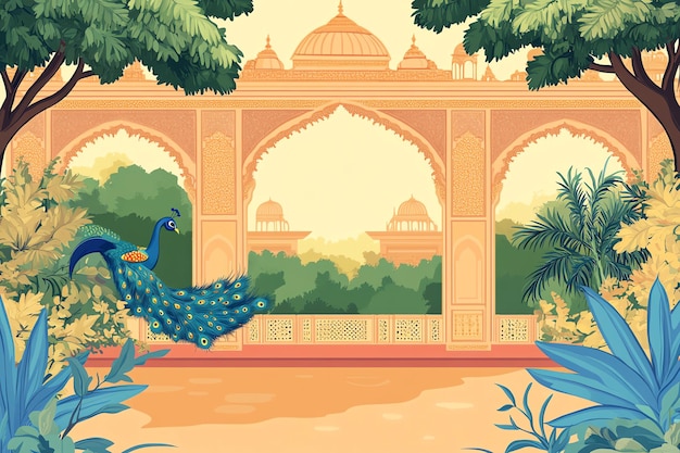 Photo traditional mughal arch garden with peacock indian illustration background