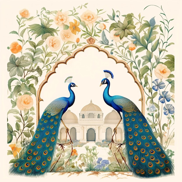 Traditional Mughal garden arch peacock plant and bird illustration