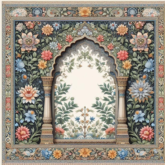 Photo traditional mughal garden and seated queen frame illustration mughal dancing woman in a garden mugha