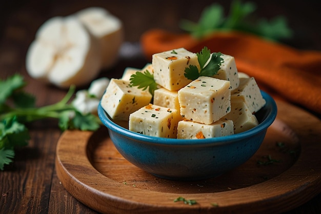 Traditional national indian food paneer cheese cubes on a plate with cilantro on the table