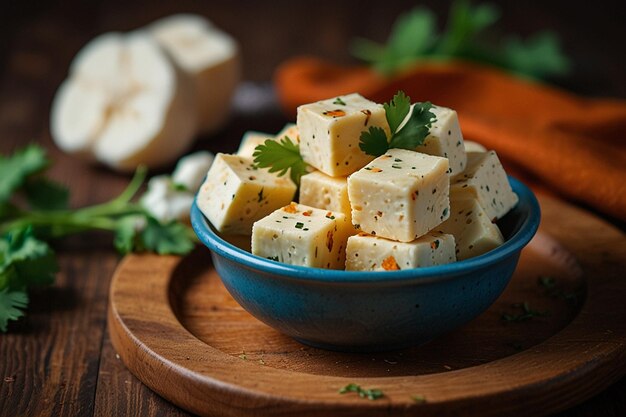 Photo traditional national indian food paneer cheese cubes on a plate with cilantro on the table