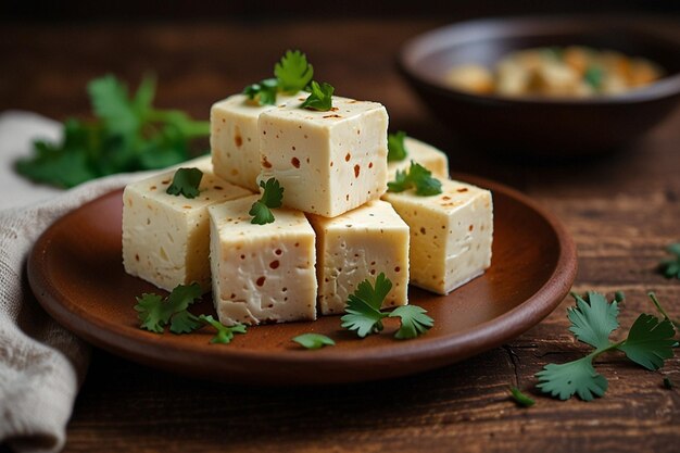 Photo traditional national indian food paneer cheese cubes on a plate with cilantro on the table