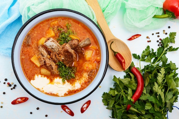 Traditional national Ukrainian vegetable soup borsch with pork ribs on a light background