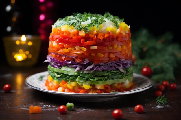 Traditional new years russian salad of vegetables and meat