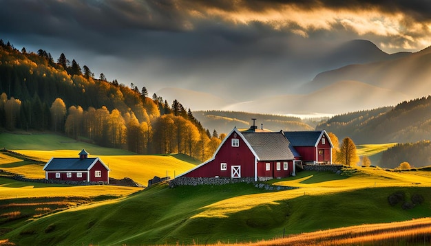 A traditional Norwegian farm nestled in the rolling hills of the countryside