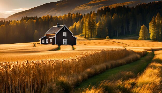 A traditional Norwegian farmhouse surrounded by fields of golden wheat