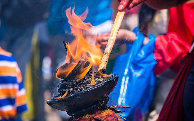 traditional oil lamp buring during traditional festival kathmandu nepal