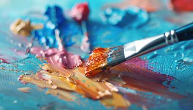 Photo traditional oil painting palette with colorful brush strokes artists studio background closeup