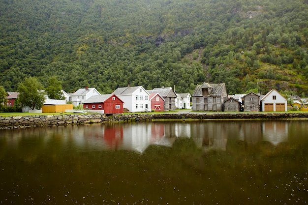 Traditional old wooden houses by the fjord