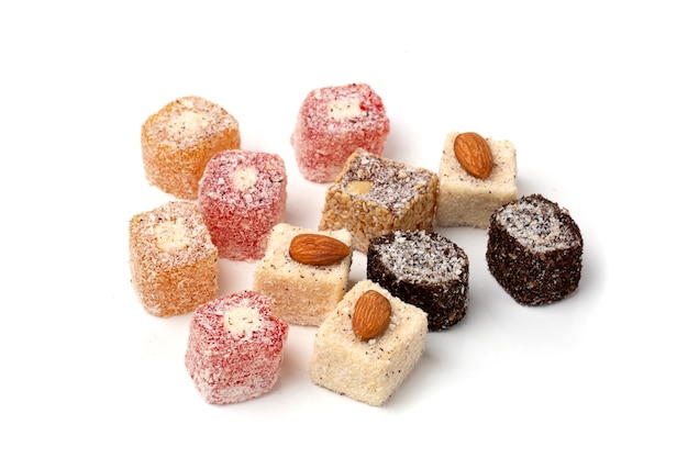 Traditional oriental sweets - Turkish Turkish delight on a white background.