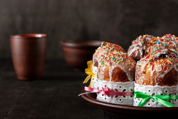 Traditional Orthodox Christian Easter food. Easter cake on the table.