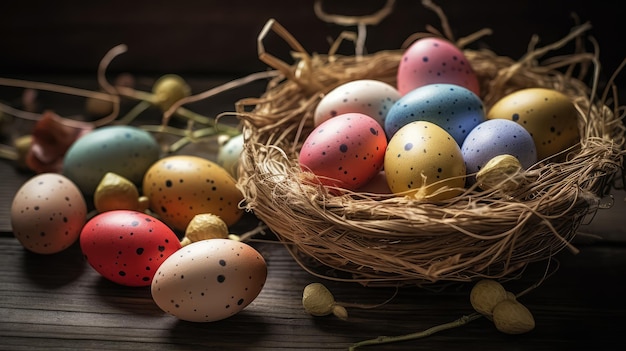 Traditional orthodox easter background easter eggs in a nest on wooden background selective focus