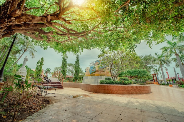 Traditional park of Nagarote Nicaragua A relaxed park with a wooden bridge over a water fountain Beautiful Nagarote central park on sunny day