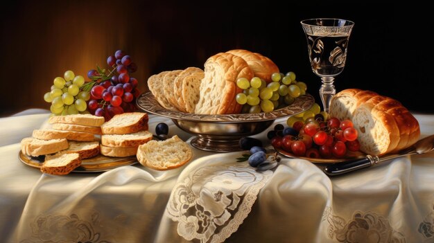 Traditional Passover Seder Table with Matzah and Wine