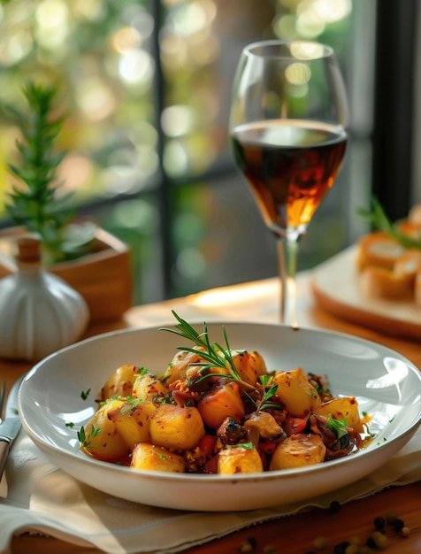 Photo traditional patatas bravas served with herbs in a rustic setting