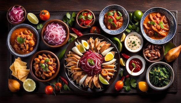 Traditional Peruvian buffet with ceviche and lomo saltado