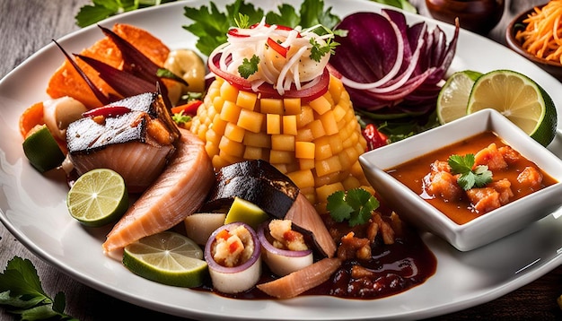 Traditional Peruvian feast with ceviche