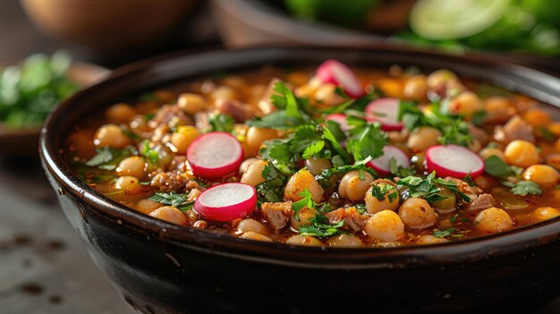 Traditional Pozole Soup with Hominy Pork and Garnishes Radishes Cabbage Lime Oregano