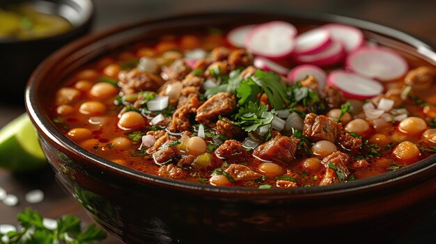 Traditional Pozole Soup with Hominy Pork and Garnishes Radishes Cabbage Lime Oregano