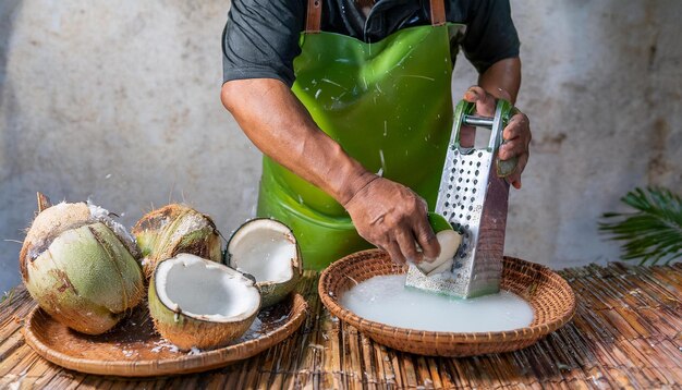 Photo the traditional process of extracting coconut milk with a person grating fresh coconut