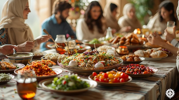 Traditional Ramadan meal a family gathered around a large table