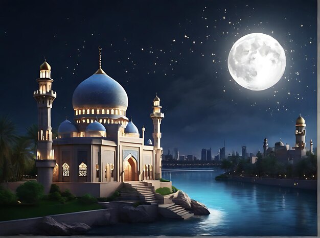 Traditional ramadan mosque riverside beautiful on moonlight night background generative by Ai