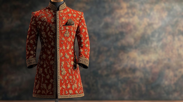 a traditional red and gold robe with a floral pattern