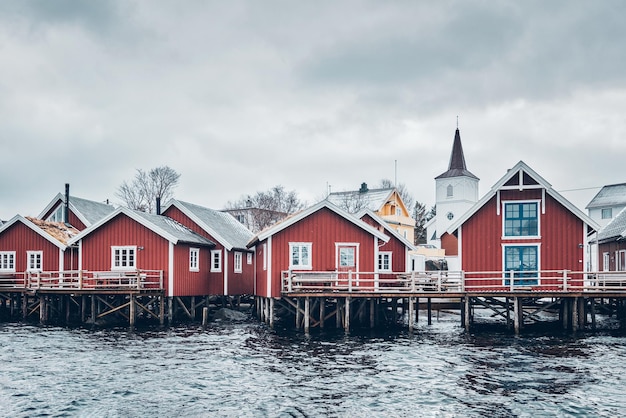 Traditional red rorbu houses in Reine Norway