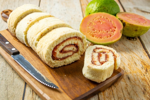 traditional 'rocambole de goiabada' or swiss roll with guava