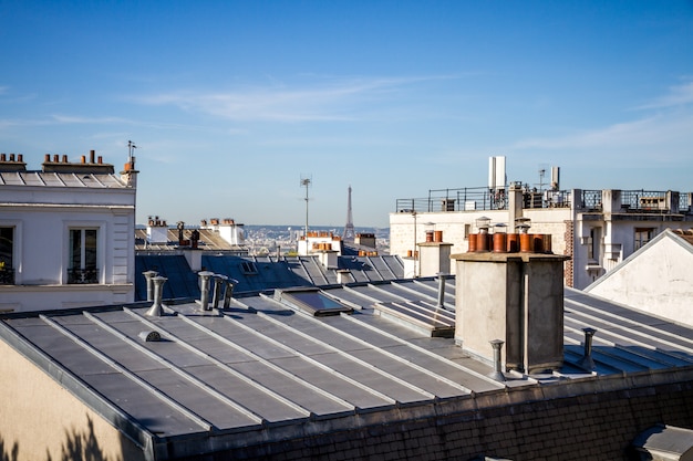 The traditional roofs of paris and the eiffel tower