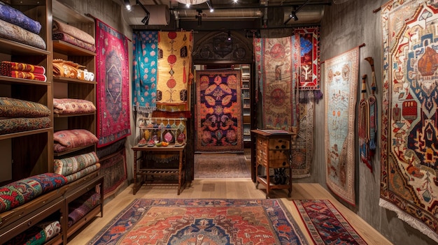 Photo traditional rug store interior with vibrant handwoven carpets and cozy rustic decor