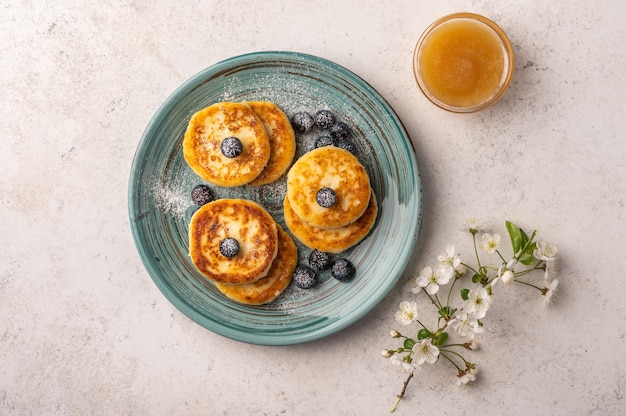 Traditional russian cheesecake with blueberries and honey on a ceramic plate on a light background