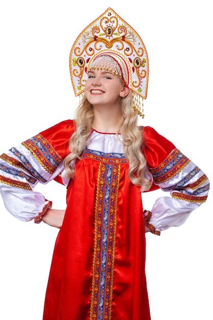 Photo traditional russian folk costume portrait of a young beautiful blonde girl in red dress