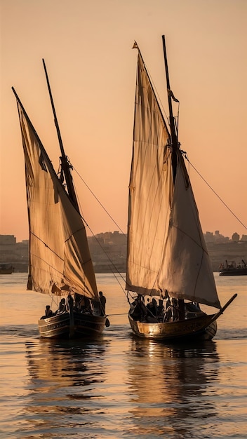 Photo traditional sailboats on the nile near luxor at sunset