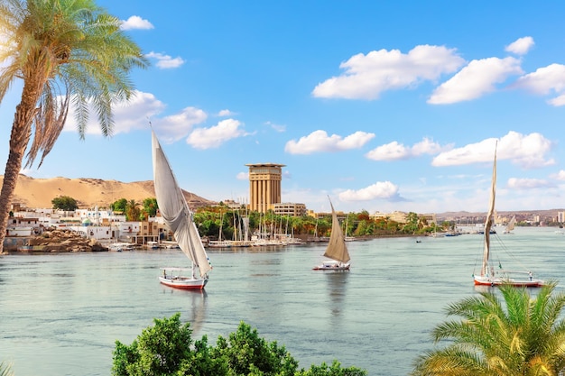 Traditional sailboats in the Nile river by the villages of Aswan Egypt