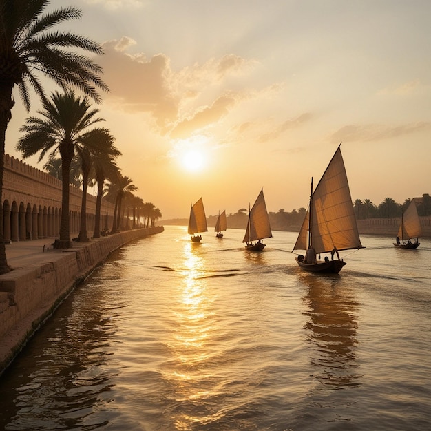 Traditional Sailboats on a Peaceful River at Sunset