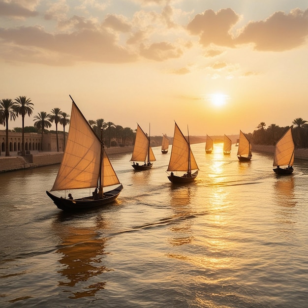 Traditional Sailboats on a Peaceful River at Sunset