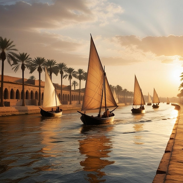 Photo traditional sailboats on a peaceful river at sunset