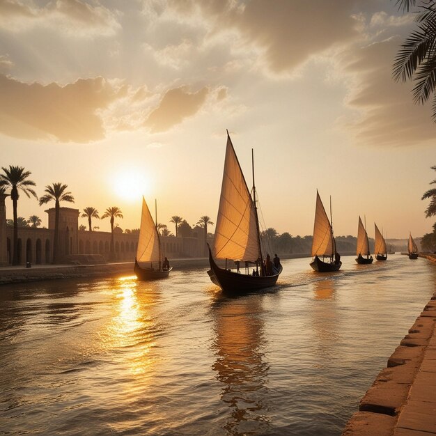 Traditional Sailboats on a Peaceful River at Sunset