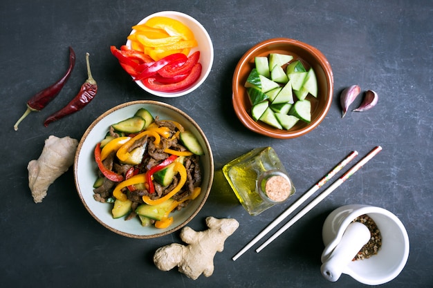 Traditional salad of Uighur cuisine with beef and vegetables