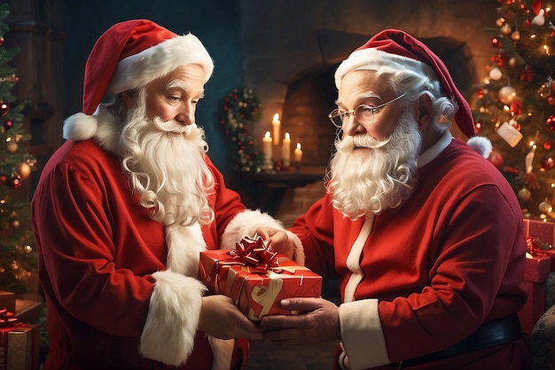 traditional Santa Claus looking at camera and smiling in festive room with Christmas decorations